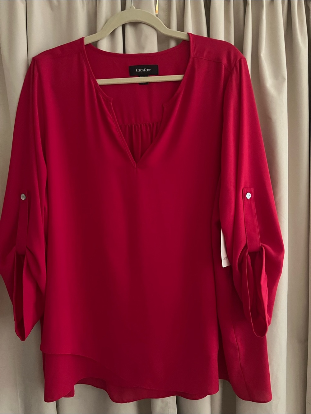 Karen Kane Vibrant Cherry pink V-Neck Roll-Tab Sleeve Blouse